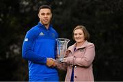 15 January 2019; Adam Byrne receives the Bank of Ireland Player of the Month Award for November from Fionnuala McKenna, New Ireland, at Leinster Rugby Headquarters in Dublin. Photo by Ramsey Cardy/Sportsfile