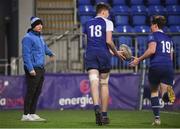 15 January 2019; Former St Andrews College student and current Leinster and Ireland player Jordan Larmour gives advice to Jack Riordan, right, and Alex Deegan during the Bank of Ireland Vinnie Murray Cup Round 1 match between CBC Monkstown Park and St Andrew's College at Energia Park in Dublin. Photo by David Fitzgerald/Sportsfile