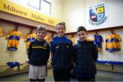 12 January 2019; Clare 'assistant kitmen' Sean Marrinan, aged 7, left, Fionn Healy, aged 9, centre, and Oisin Healy, aged 10, in the dressing room prior to the McGrath Cup Final match between Cork and Clare at Hennessy Park in Miltown Malbay, Co. Clare. Photo by Diarmuid Greene/Sportsfile