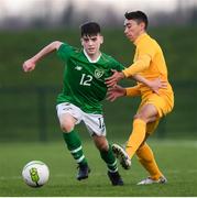 19 January 2019; Andrew Moran of Republic of Ireland in action against Luis Lawrie-Lattanzio of Australia during the U16 International Friendly match between Republic of Ireland and Australia at the FAI National Training Centre in Abbotstown, Dublin. Photo by Stephen McCarthy/Sportsfile