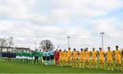 19 January 2019; Both teams stand for the playing of Amhrán na bhFiann ahead of a U18 Schools International friendly match between Republic of Ireland and Australia at Whitehall Stadium in Dublin. Photo by Eóin Noonan/Sportsfile