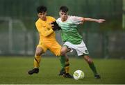 19 January 2019; Adam Lynch of Republic of Ireland is tackled by Pratik Napit of Australia during a U18 Schools International friendly match between Republic of Ireland and Australia at Whitehall Stadium in Dublin. Photo by Eóin Noonan/Sportsfile