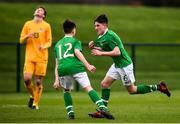 19 January 2019; Colin Conroy, right, celebrates with his Republic of Ireland team-mate Andrew Moran, 12, after scoring his side's second goal during the U16 International Friendly match between Republic of Ireland and Australia at the FAI National Training Centre in Abbotstown, Dublin. Photo by Stephen McCarthy/Sportsfile