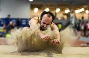 19 January 2019; Martin Mooney of Inishowen AC, Co. Donegal, competing in the Master Men 35-49 Long Jump event, during the Irish Life Health Indoor Combined Events All Ages at AIT International Arena in Athlone, Co.Westmeath. Photo by Sam Barnes/Sportsfile