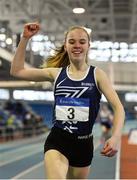 19 January 2019; Hannah Falvey of Belgooly AC, Co. Cork,  celebrates after winning the U14 Girls 800m event,  during the Irish Life Health Indoor Combined Events All Ages at AIT International Arena in Athlone, Co.Westmeath. Photo by Sam Barnes/Sportsfile