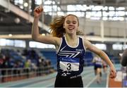 19 January 2019; Hannah Falvey of Belgooly AC, Co. Cork,  celebrates after winning the U14 Girls 800m event,  during the Irish Life Health Indoor Combined Events All Ages at AIT International Arena in Athlone, Co.Westmeath. Photo by Sam Barnes/Sportsfile