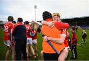 19 January 2019; Jack O'Callaghan of Charleville leaps into the arms of selector John Moloney following their side's victory in the AIB GAA Hurling All-Ireland Intermediate Championship semi-final match between Graigue-Ballycallan and Charleville at Semple Stadium in Tipperary. Photo by David Fitzgerald/Sportsfile