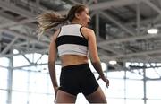 19 January 2019; Lara O'Byrne of Donore Harriers, Co. Dublin, reacts whilst competing in the Junior Women High Jump event, during the Irish Life Health Indoor Combined Events All Ages at AIT International Arena in Athlone, Co.Westmeath. Photo by Sam Barnes/Sportsfile