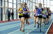 19 January 2019; Niamh Brady of St. Peter's AC, Co. Louth, leads the field whilst competing in the U15 Girls 800m event, during the Irish Life Health Indoor Combined Events All Ages at AIT International Arena in Athlone, Co.Westmeath. Photo by Sam Barnes/Sportsfile