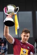 19 January 2019; Westmeath captain Tommy Doyle lifts the Kehoe Cup following the Bord na Mona Kehoe Cup Final match between Westmeath and Antrim at the GAA Games Development Centre in Abbotstown, Dublin. Photo by Stephen McCarthy/Sportsfile