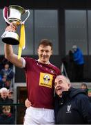 19 January 2019; Westmeath captain Tommy Doyle and Pat Lynagh, Leinster GAA Treasurer, with the Kehoe Cup following the Bord na Mona Kehoe Cup Final match between Westmeath and Antrim at the GAA Games Development Centre in Abbotstown, Dublin. Photo by Stephen McCarthy/Sportsfile