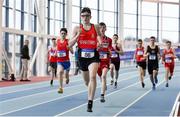 19 January 2019; Finn O'Neill of City of Derry Spartans A.C., Co. Derry, leads the field whilst competing in the U15 Boys 800m event, during the Irish Life Health Indoor Combined Events All Ages at AIT International Arena in Athlone, Co.Westmeath. Photo by Sam Barnes/Sportsfile