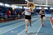 19 January 2019; Seoighe English of St. Abbans AC, Laois, crosses the line to win the U16 Girls 800m event, during the Irish Life Health Indoor Combined Events All Ages at AIT International Arena in Athlone, Co.Westmeath. Photo by Sam Barnes/Sportsfile