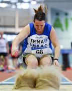19 January 2019; Emma Jameson of Lusk AC, Co. Dublin, competing in the Master Women 35-49 Long Jump event, during the Irish Life Health Indoor Combined Events All Ages at AIT International Arena in Athlone, Co.Westmeath. Photo by Sam Barnes/Sportsfile