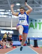 19 January 2019; Eilish Lynch of Lusk AC, Co. Dublin, competing in the Master Women 35-49 Long Jump event, during the Irish Life Health Indoor Combined Events All Ages at AIT International Arena in Athlone, Co.Westmeath. Photo by Sam Barnes/Sportsfile