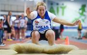 19 January 2019; Lisa Donoghue of Lusk AC, Co.Dublin, competing in the Master Women 35-49 Long Jump event, during the Irish Life Health Indoor Combined Events All Ages at AIT International Arena in Athlone, Co.Westmeath. Photo by Sam Barnes/Sportsfile