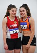 19 January 2019; Ava Rochford of Ennis Track AC, Co. Clare, left, and Laura Frawley of St. Marys AC, Co. Limerick, pose for a photograph during the Irish Life Health Indoor Combined Events All Ages at AIT International Arena in Athlone, Co.Westmeath. Photo by Sam Barnes/Sportsfile