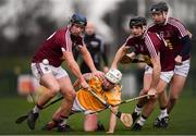 19 January 2019; Donal McKinley of Antrim in action against Westmeath players, from left, Paul Greville, Aonghus Clarke and Kevin Regan during the Bord na Mona Kehoe Cup Final match between Westmeath and Antrim at the GAA Games Development Centre in Abbotstown, Dublin. Photo by Stephen McCarthy/Sportsfile