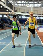 19 January 2019; Finn Woodger of Metro/St. Brigid's AC, Co. Dublin, left, and Diarmuid O'Connor of Bandon AC, Co. Cork, competing in the Youth Men 800m event, during the Irish Life Health Indoor Combined Events All Ages at AIT International Arena in Athlone, Co.Westmeath. Photo by Sam Barnes/Sportsfile