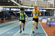 19 January 2019; Finn Woodger of Metro/St. Brigid's AC, Co. Dublin, left, and Diarmuid O'Connor of Bandon AC, Co. Cork, competing in the Youth Men 800m event, during the Irish Life Health Indoor Combined Events All Ages at AIT International Arena in Athlone, Co.Westmeath. Photo by Sam Barnes/Sportsfile