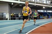 19 January 2019; d Diarmuid O'Connor of Bandon AC, Co. Cork, left, and  Finn Woodger of Metro/St. Brigid's AC, Co. Dublin, competing in the Youth Men 800m event, during the Irish Life Health Indoor Combined Events All Ages at AIT International Arena in Athlone, Co.Westmeath. Photo by Sam Barnes/Sportsfile