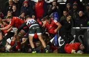 19 January 2019; Marty Moore of Ulster dives over to score his side's first try during the Heineken Champions Cup Pool 4 Round 6 match between Leicester Tigers and Ulster at Welford Road in Leicester, England. Photo by Ramsey Cardy/Sportsfile