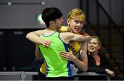 19 January 2019; Finn Woodger of Metro/St. Brigid's AC, Co. Dublin, left, and Diarmuid O'Connor of Bandon AC, Co. Cork, after competing in the Youth Men 800m event, during the Irish Life Health Indoor Combined Events All Ages at AIT International Arena in Athlone, Co.Westmeath. Photo by Sam Barnes/Sportsfile