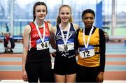 19 January 2019; U14 Girls medallists, from left, Veronica O'Neill of City of Derry Spartans A.C., Co. Derry, silver, Hannah Falvey of Belgooly AC, Co.Cork, gold, and Okwu Backari of Leevale AC, Co. Cork, bronze, during the Irish Life Health Indoor Combined Events All Ages at AIT International Arena in Athlone, Co.Westmeath. Photo by Sam Barnes/Sportsfile