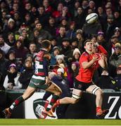 19 January 2019; Nick Timoney of Ulster in action against Ben Youngs of Leicester Tigers during the Heineken Champions Cup Pool 4 Round 6 match between Leicester Tigers and Ulster at Welford Road in Leicester, England. Photo by Ramsey Cardy/Sportsfile
