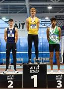 19 January 2019; Youth Men's medallists, from left, Jack Forde of St. Killian's AC, Co. Wexford, silver, Diarmuid O'Connor of Bandon AC, Co.Cork, gold, and Jordan Knight of St. Joseph's AC, Co. Kilkenny, bronze,  during the Irish Life Health Indoor Combined Events All Ages at AIT International Arena in Athlone, Co.Westmeath. Photo by Sam Barnes/Sportsfile