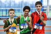 19 January 2019; U14 Boys medallists, from left, Cormac Crotty of Annalee AC, Co. Cavan, silver, John Murphy of Liscarroll AC, Co. Cork, gold, and Eoghan O'Connor of Lucan Harriers AC, Co. Dublin, bronze, during the Irish Life Health Indoor Combined Events All Ages at AIT International Arena in Athlone, Co.Westmeath. Photo by Sam Barnes/Sportsfile