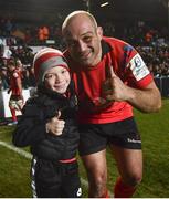 19 January 2019; Rory Best of Ulster with his son Ben following their victory in the Heineken Champions Cup Pool 4 Round 6 match between Leicester Tigers and Ulster at Welford Road in Leicester, England. Photo by Ramsey Cardy/Sportsfile