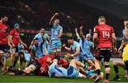 19 January 2019; Exeter Chiefs players celebrate their side's first try, scored by Don Armand, during the Heineken Champions Cup Pool 2 Round 6 match between Munster and Exeter Chiefs at Thomond Park in Limerick. Photo by Brendan Moran/Sportsfile