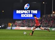 19 January 2019; Joey Carbery of Munster kicks a penalty to give his side the lead during the Heineken Champions Cup Pool 2 Round 6 match between Munster and Exeter Chiefs at Thomond Park in Limerick. Photo by Brendan Moran/Sportsfile