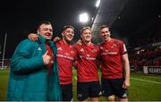 19 January 2019; Munster players, from left, Dave Kilcoyne, Dan Goggin, Mike Haley, and Chris Farrell celebrate after the Heineken Champions Cup Pool 2 Round 6 match between Munster and Exeter Chiefs at Thomond Park in Limerick. Photo by Diarmuid Greene/Sportsfile