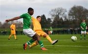 19 January 2019; Sinclair Armstrong of Republic of Ireland and Christian Cirino of Australia during the U16 International Friendly match between Republic of Ireland and Australia at the FAI National Training Centre in Abbotstown, Dublin. Photo by Stephen McCarthy/Sportsfile