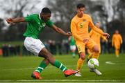 19 January 2019; Sinclair Armstrong of Republic of Ireland and Christian Cirino of Australia during the U16 International Friendly match between Republic of Ireland and Australia at the FAI National Training Centre in Abbotstown, Dublin. Photo by Stephen McCarthy/Sportsfile
