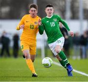 19 January 2019; Calum Kavanagh of Republic of Ireland and Robert Tkatchenko of Australia during the U16 International Friendly match between Republic of Ireland and Australia at the FAI National Training Centre in Abbotstown, Dublin. Photo by Stephen McCarthy/Sportsfile