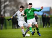 19 January 2019; Australia goalkeeper Ryan Del Nido and Calum Kavanagh of Republic of Ireland during the U16 International Friendly match between Republic of Ireland and Australia at the FAI National Training Centre in Abbotstown, Dublin. Photo by Stephen McCarthy/Sportsfile