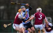 20 January 2019; Paul Crummey of UCD in action against Paul Hoban, left, and Jack Fitzpatrick of NUI Galway during the Electric Ireland Fitzgibbon Cup Round 1 match between University College Dublin and NUI Galway at Billings Park in UCD, Belfield, Dublin. Photo by Piaras Ó Mídheach/Sportsfile