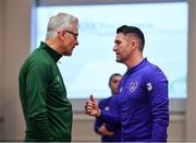 21 January 2019; Republic of Ireland assistant coach Robbie Keane, right, and FAI High Performance Director Ruud Dokter in conversation during the FAI UEFA Pro Licence course at Johnstown House in Enfield, Co Meath. Photo by Seb Daly/Sportsfile