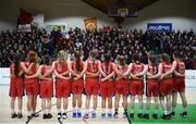 21 January 2019; The Presentation SS, Thurles team stand for the national anthem prior to the Subway All-Ireland Schools Cup U19 B Girls Final match between Colaiste Pobail Setanta and Presentation SS, Thurles at the National Basketball Arena in Tallaght, Dublin. Photo by David Fitzgerald/Sportsfile