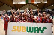 21 January 2019; Presentation SS, Thurles players celebrate with the cup following the Subway All-Ireland Schools Cup U19 B Girls Final match between Colaiste Pobail Setanta and Presentation SS, Thurles at the National Basketball Arena in Tallaght, Dublin. Photo by David Fitzgerald/Sportsfile
