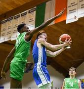 21 January 2019; Joe Coughlan of St Joseph's Bish, Galway in action against Roniel Oguekwe of Calasanctius College during the Subway All-Ireland Schools Cup U16 A Boys Final match between Calasantius College and St Joseph's Bish Galway at the National Basketball Arena in Tallaght, Dublin. Photo by David Fitzgerald/Sportsfile