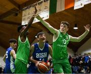 21 January 2019; Aonghus McDonnell of St Joseph's Bish, Galway, in action against Roniel Oguekwe, left, and Oisin Holland of Calasanctius College, Oranmore, during the Subway All-Ireland Schools Cup U16 A Boys Final match between Calasantius College and St Joseph's Bish Galway at the National Basketball Arena in Tallaght, Dublin. Photo by David Fitzgerald/Sportsfile