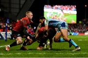 19 January 2019; Conor Murray of Munster, supported by team-mate Keith Earls, is tackled by Tom O'Flaherty and Jack Nowell of Exeter Chiefs during the Heineken Champions Cup Pool 2 Round 6 match between Munster and Exeter Chiefs at Thomond Park in Limerick. Photo by Diarmuid Greene/Sportsfile
