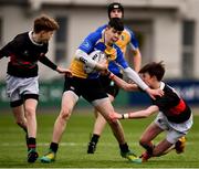 21 January 2019; Eoin Clarke of CBS Naas is tackled by Ross Molloy, left, and Andrew Whyte of The High School during the Bank of Ireland Fr. Godfrey Cup 2nd Round match between The High School and CBS Naas at Energia Park in Dublin. Photo by Sam Barnes/Sportsfile