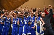 21 January 2019; St Joseph's Bish, Galway players and fans celebrate with the trophy following the Subway All-Ireland Schools Cup U16 A Boys Final match between Calasantius College and St Joseph's Bish Galway at the National Basketball Arena in Tallaght, Dublin. Photo by David Fitzgerald/Sportsfile