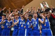 21 January 2019; St Joseph's Bish, Galway players and fans celebrate with the trophy following the Subway All-Ireland Schools Cup U16 A Boys Final match between Calasantius College and St Joseph's Bish Galway at the National Basketball Arena in Tallaght, Dublin. Photo by David Fitzgerald/Sportsfile