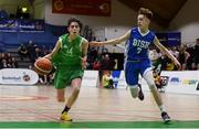 21 January 2019; Ben Burke of Calasanctius College in action against Joe Coughlan of St Joseph's Bish, Galway during the Subway All-Ireland Schools Cup U16 A Boys Final match between Calasantius College and St Joseph's Bish Galway at the National Basketball Arena in Tallaght, Dublin. Photo by David Fitzgerald/Sportsfile